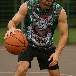 Personalized South Sydney Rabbitohs Christmas Sleeveless Hoodie Australian Rugby Fans - Pixelated Ugly Xmas Pattern Mascot Santa