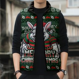 Personalized South Sydney Rabbitohs Christmas Sleeveless Puffer Jacket Australian Rugby Fans - Pixelated Ugly Xmas Pattern Mascot Santa