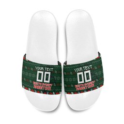 Personalized South Sydney Rabbitohs Christmas Slide Sandals Australian Rugby Fans - Pixelated Ugly Xmas Pattern Mascot Santa
