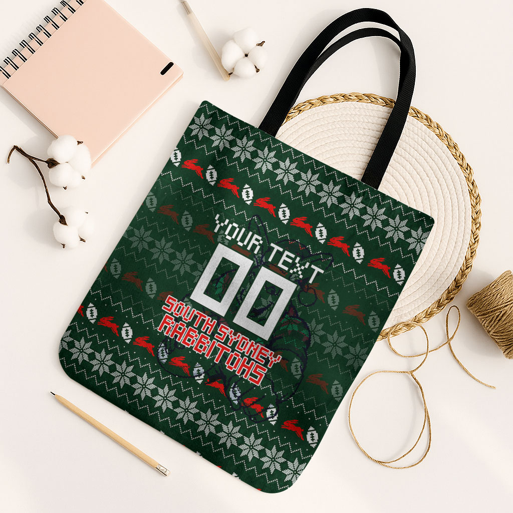 Personalized South Sydney Rabbitohs Christmas Tote Bag Australian Rugby Fans - Pixelated Ugly Xmas Pattern Mascot Santa