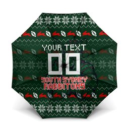 Personalized South Sydney Rabbitohs Christmas Umbrella Australian Rugby Fans - Pixelated Ugly Xmas Pattern Mascot Santa