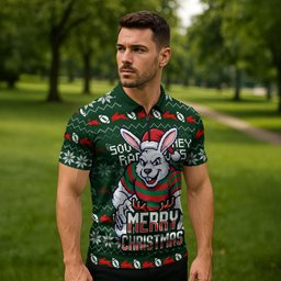 Personalized South Sydney Rabbitohs Christmas Zipper Polo Shirt Australian Rugby Fans - Pixelated Ugly Xmas Pattern Mascot Santa