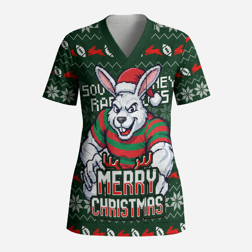 Personalized South Sydney Rabbitohs Christmas Scrub Top Australian Rugby Fans - Pixelated Ugly Xmas Pattern Mascot Santa