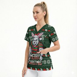 Personalized South Sydney Rabbitohs Christmas Scrub Top Australian Rugby Fans - Pixelated Ugly Xmas Pattern Mascot Santa