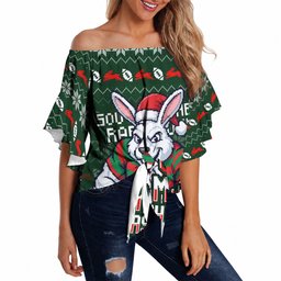 Personalized South Sydney Rabbitohs Christmas Off Shoulder Wrap Waist Top Australian Rugby Fans - Pixelated Ugly Xmas Pattern Mascot Santa