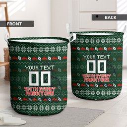 Personalized South Sydney Rabbitohs Christmas Laundry Basket Australian Rugby Fans - Pixelated Ugly Xmas Pattern Mascot Santa