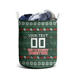 Personalized South Sydney Rabbitohs Christmas Laundry Basket Australian Rugby Fans - Pixelated Ugly Xmas Pattern Mascot Santa