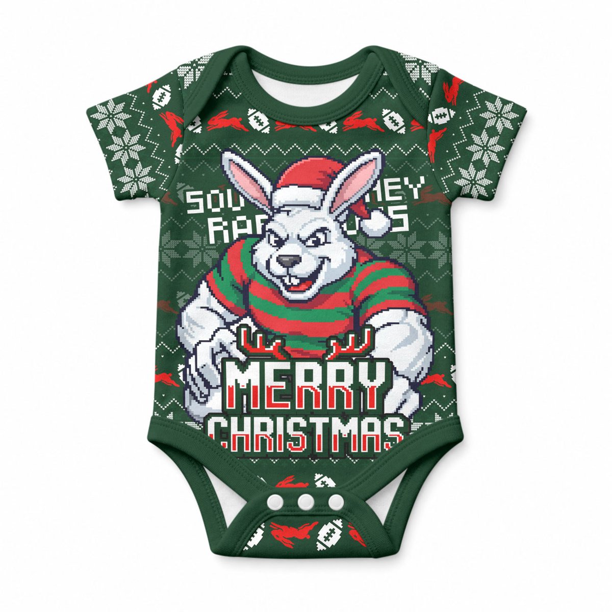 Personalized South Sydney Rabbitohs Christmas Baby Onesie Australian Rugby Fans - Pixelated Ugly Xmas Pattern Mascot Santa