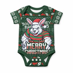 Personalized South Sydney Rabbitohs Christmas Baby Onesie Australian Rugby Fans - Pixelated Ugly Xmas Pattern Mascot Santa