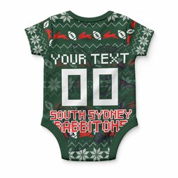 Personalized South Sydney Rabbitohs Christmas Baby Onesie Australian Rugby Fans - Pixelated Ugly Xmas Pattern Mascot Santa
