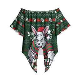 Personalized South Sydney Rabbitohs Christmas Off Shoulder Wrap Waist Top Australian Rugby Fans - Pixelated Ugly Xmas Pattern Mascot Santa