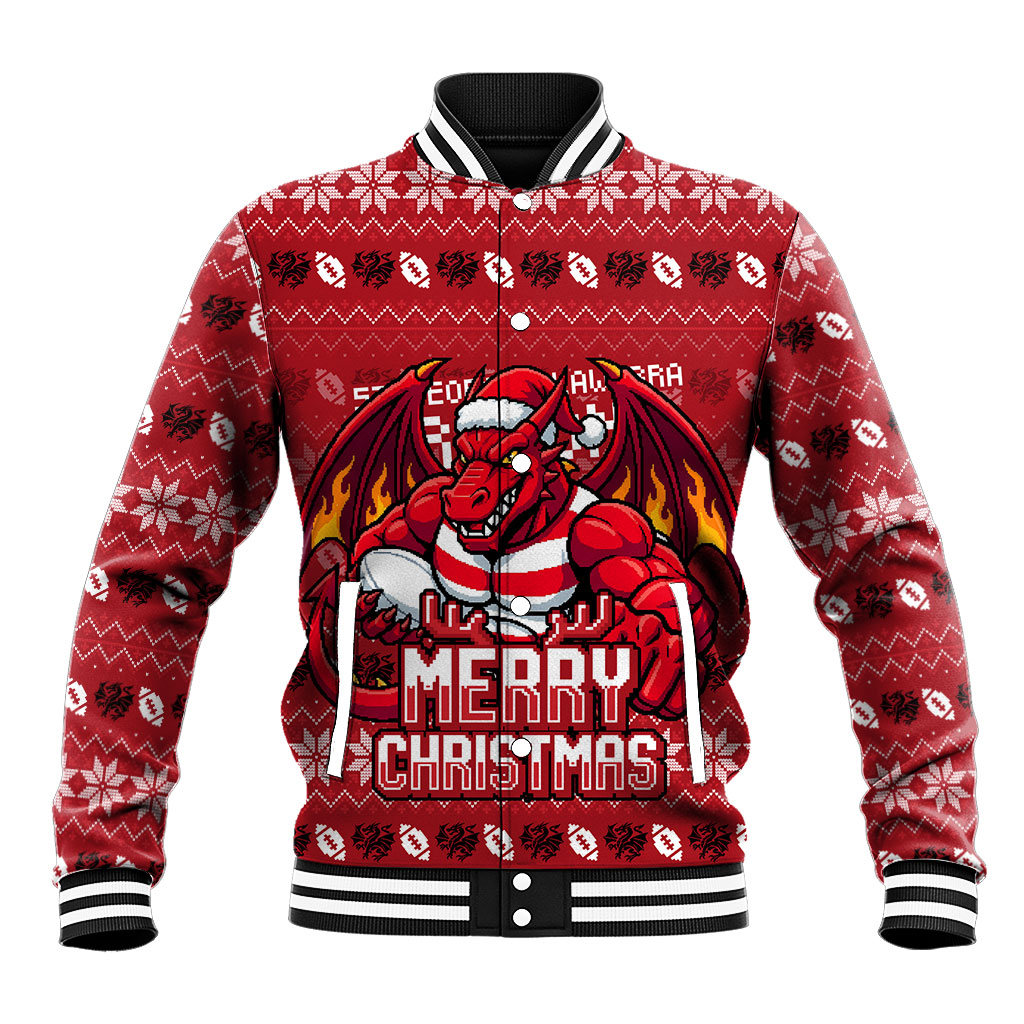 Personalized St George Illawarra Dragons Christmas Baseball Jacket Australian Rugby Fans - Pixelated Ugly Xmas Pattern Mascot Santa