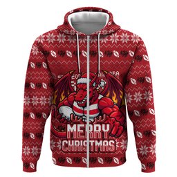 Personalized St George Illawarra Dragons Christmas Zip Hoodie Australian Rugby Fans - Pixelated Ugly Xmas Pattern Mascot Santa