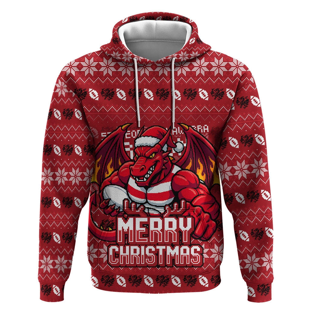 Personalized St George Illawarra Dragons Christmas Hoodie Australian Rugby Fans - Pixelated Ugly Xmas Pattern Mascot Santa