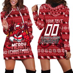 Personalized St George Illawarra Dragons Christmas Hoodie Dress Australian Rugby Fans - Pixelated Ugly Xmas Pattern Mascot Santa