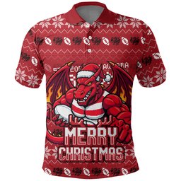 Personalized St George Illawarra Dragons Christmas Polo Shirt Australian Rugby Fans - Pixelated Ugly Xmas Pattern Mascot Santa