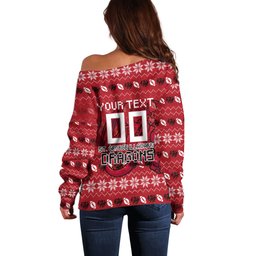 Personalized St George Illawarra Dragons Christmas Off Shoulder Sweater Australian Rugby Fans - Pixelated Ugly Xmas Pattern Mascot Santa