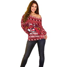 Personalized St George Illawarra Dragons Christmas Off Shoulder Sweater Australian Rugby Fans - Pixelated Ugly Xmas Pattern Mascot Santa