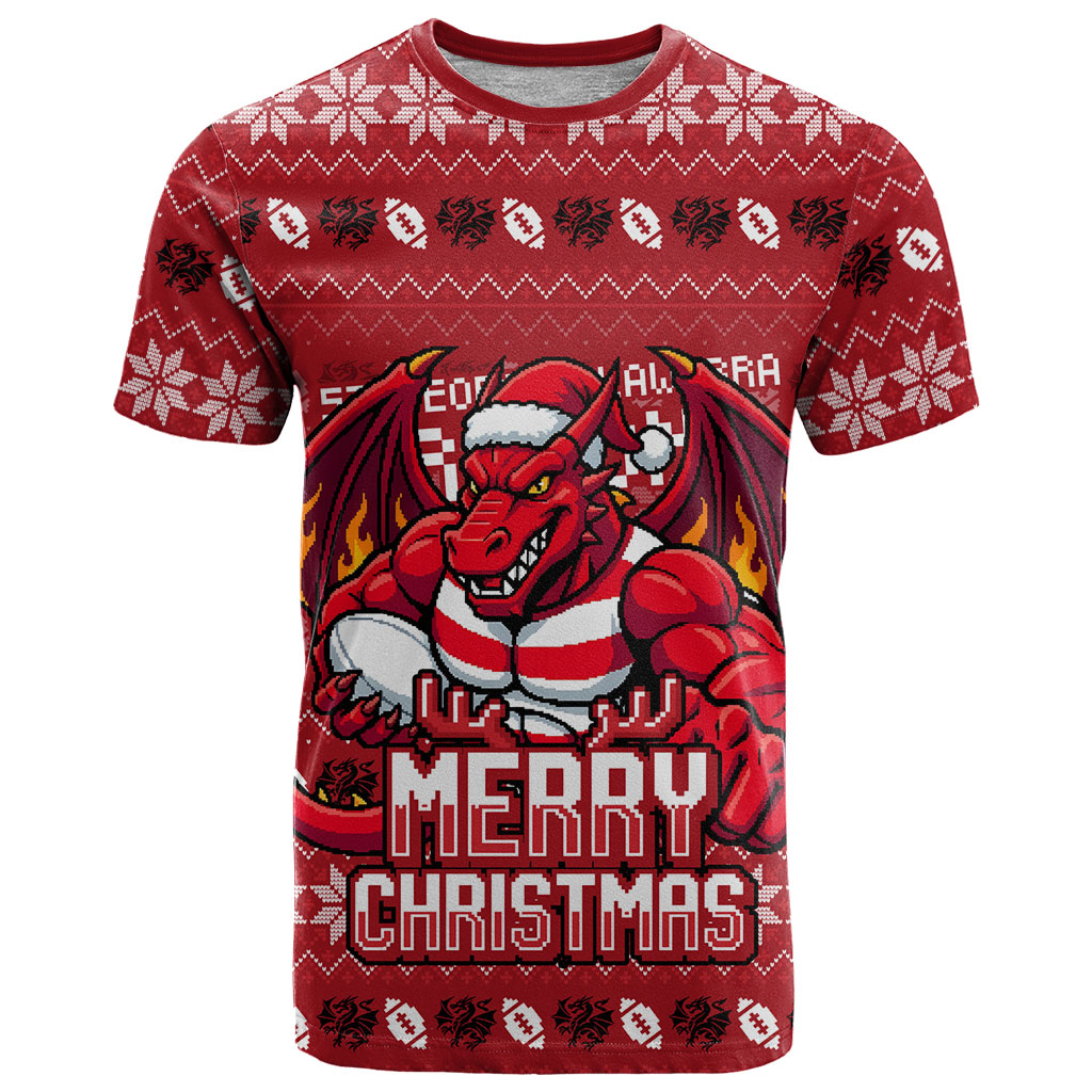 Personalized St George Illawarra Dragons Christmas T Shirt Australian Rugby Fans - Pixelated Ugly Xmas Pattern Mascot Santa