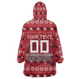 Personalized St George Illawarra Dragons Christmas Wearable Blanket Hoodie Australian Rugby Fans - Pixelated Ugly Xmas Pattern Mascot Santa