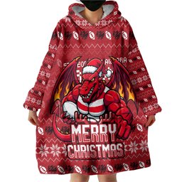 Personalized St George Illawarra Dragons Christmas Wearable Blanket Hoodie Australian Rugby Fans - Pixelated Ugly Xmas Pattern Mascot Santa