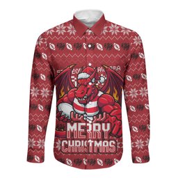 Personalized St George Illawarra Dragons Christmas Long Sleeve Button Shirt Australian Rugby Fans - Pixelated Ugly Xmas Pattern Mascot Santa