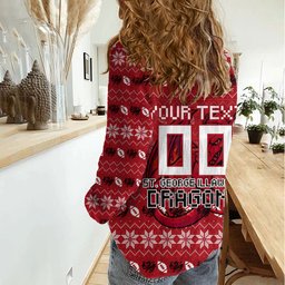 Personalized St George Illawarra Dragons Christmas Women Casual Shirt Australian Rugby Fans - Pixelated Ugly Xmas Pattern Mascot Santa