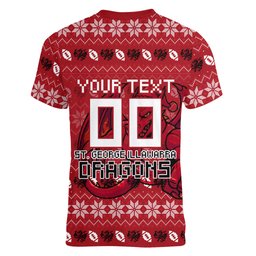 Personalized St George Illawarra Dragons Christmas Women V-Neck T-Shirt Australian Rugby Fans - Pixelated Ugly Xmas Pattern Mascot Santa