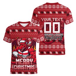 Personalized St George Illawarra Dragons Christmas Women V-Neck T-Shirt Australian Rugby Fans - Pixelated Ugly Xmas Pattern Mascot Santa