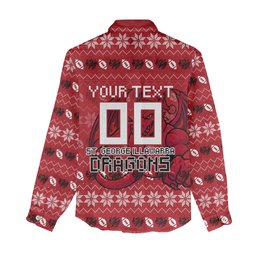 Personalized St George Illawarra Dragons Christmas Women Casual Shirt Australian Rugby Fans - Pixelated Ugly Xmas Pattern Mascot Santa