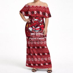 Personalized St George Illawarra Dragons Christmas Off Shoulder Maxi Dress Australian Rugby Fans - Pixelated Ugly Xmas Pattern Mascot Santa