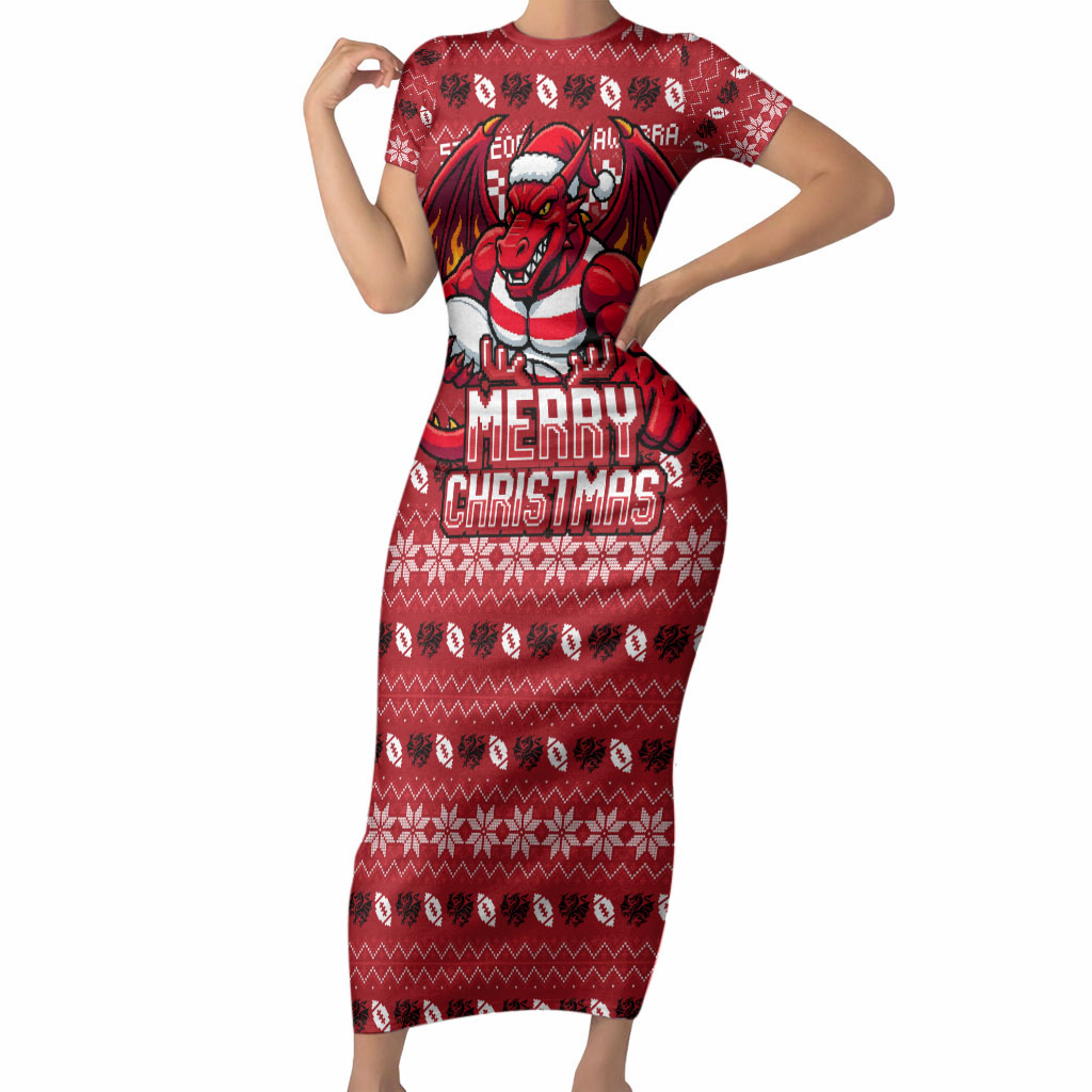 Personalized St George Illawarra Dragons Christmas Short Sleeve Bodycon Dress Australian Rugby Fans - Pixelated Ugly Xmas Pattern Mascot Santa
