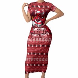 Personalized St George Illawarra Dragons Christmas Short Sleeve Bodycon Dress Australian Rugby Fans - Pixelated Ugly Xmas Pattern Mascot Santa
