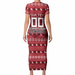 Personalized St George Illawarra Dragons Christmas Short Sleeve Bodycon Dress Australian Rugby Fans - Pixelated Ugly Xmas Pattern Mascot Santa