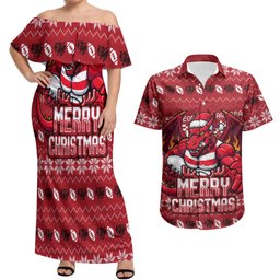 Personalized St George Illawarra Dragons Christmas Couples Matching Off Shoulder Maxi Dress and Hawaiian Shirt Australian Rugby Fans - Pixelated Ugly Xmas Pattern Mascot Santa
