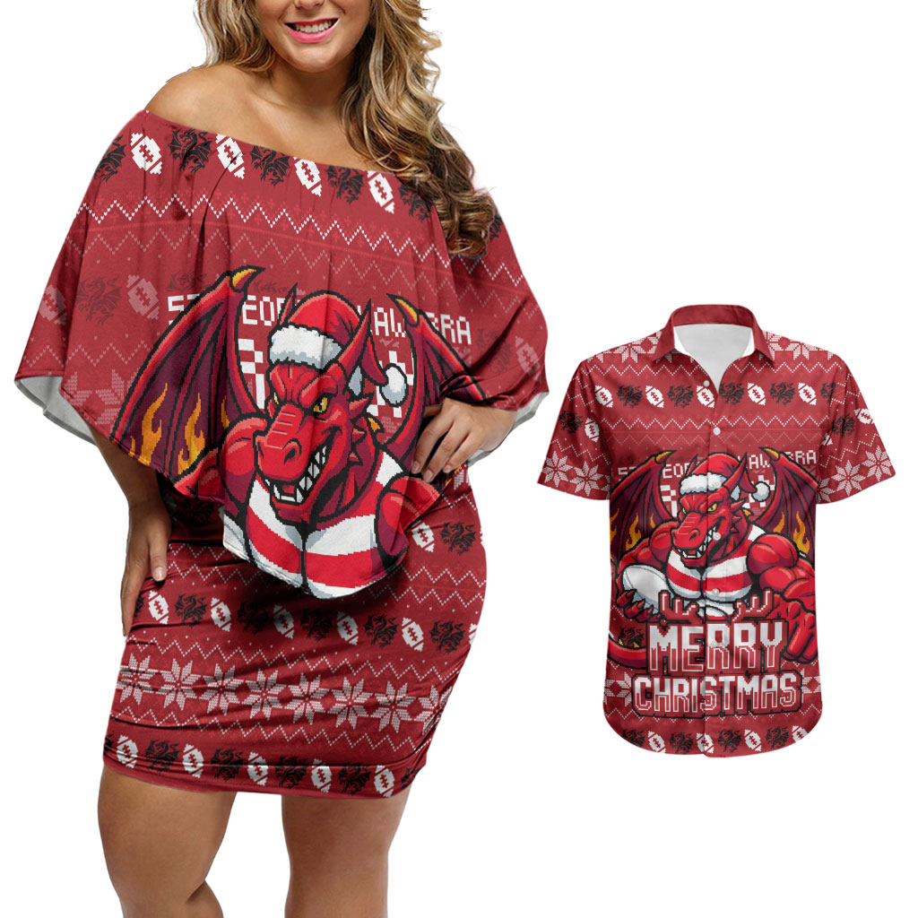 Personalized St George Illawarra Dragons Christmas Couples Matching Off Shoulder Short Dress and Hawaiian Shirt Australian Rugby Fans - Pixelated Ugly Xmas Pattern Mascot Santa
