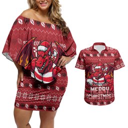 Personalized St George Illawarra Dragons Christmas Couples Matching Off Shoulder Short Dress and Hawaiian Shirt Australian Rugby Fans - Pixelated Ugly Xmas Pattern Mascot Santa