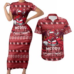 Personalized St George Illawarra Dragons Christmas Couples Matching Short Sleeve Bodycon Dress and Hawaiian Shirt Australian Rugby Fans - Pixelated Ugly Xmas Pattern Mascot Santa