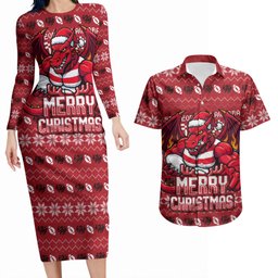 Personalized St George Illawarra Dragons Christmas Couples Matching Long Sleeve Bodycon Dress and Hawaiian Shirt Australian Rugby Fans - Pixelated Ugly Xmas Pattern Mascot Santa