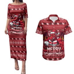 Personalized St George Illawarra Dragons Christmas Couples Matching Puletasi and Hawaiian Shirt Australian Rugby Fans - Pixelated Ugly Xmas Pattern Mascot Santa