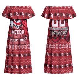 Personalized St George Illawarra Dragons Christmas Couples Matching Off Shoulder Maxi Dress and Hawaiian Shirt Australian Rugby Fans - Pixelated Ugly Xmas Pattern Mascot Santa
