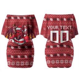 Personalized St George Illawarra Dragons Christmas Couples Matching Off Shoulder Short Dress and Hawaiian Shirt Australian Rugby Fans - Pixelated Ugly Xmas Pattern Mascot Santa