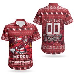 Personalized St George Illawarra Dragons Christmas Couples Matching Off Shoulder Short Dress and Hawaiian Shirt Australian Rugby Fans - Pixelated Ugly Xmas Pattern Mascot Santa