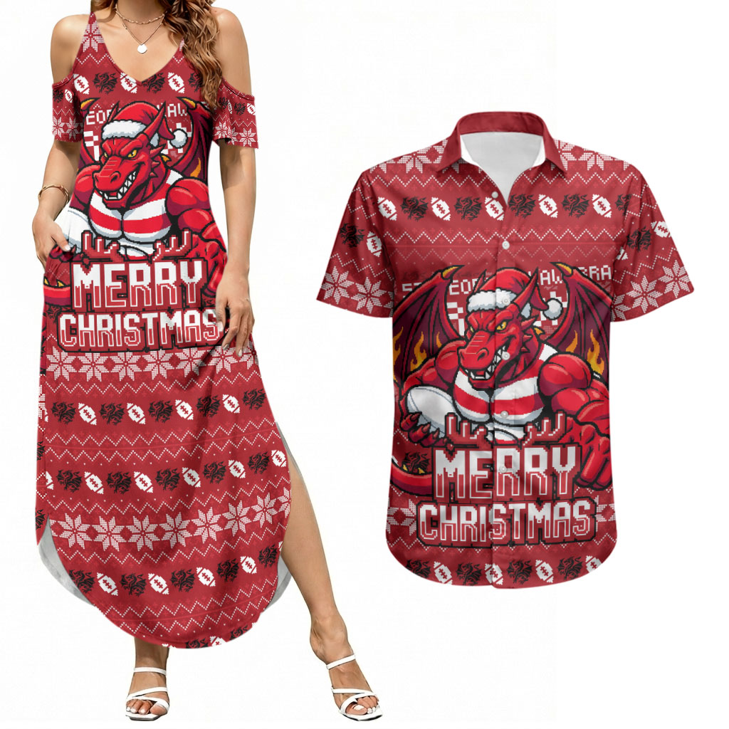 Personalized St George Illawarra Dragons Christmas Couples Matching Summer Maxi Dress and Hawaiian Shirt Australian Rugby Fans - Pixelated Ugly Xmas Pattern Mascot Santa