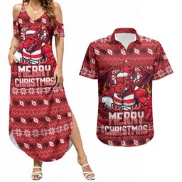 Personalized St George Illawarra Dragons Christmas Couples Matching Summer Maxi Dress and Hawaiian Shirt Australian Rugby Fans - Pixelated Ugly Xmas Pattern Mascot Santa