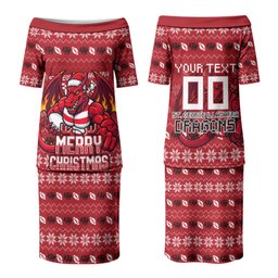 Personalized St George Illawarra Dragons Christmas Couples Matching Puletasi and Hawaiian Shirt Australian Rugby Fans - Pixelated Ugly Xmas Pattern Mascot Santa