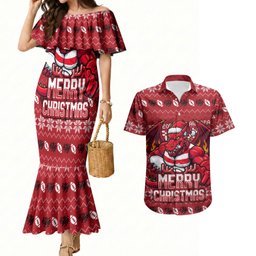 Personalized St George Illawarra Dragons Christmas Couples Matching Mermaid Dress and Hawaiian Shirt Australian Rugby Fans - Pixelated Ugly Xmas Pattern Mascot Santa