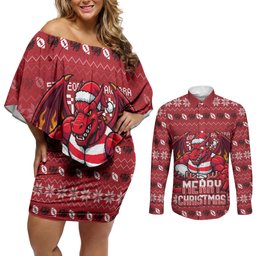 Personalized St George Illawarra Dragons Christmas Couples Matching Off Shoulder Short Dress and Long Sleeve Button Shirt Australian Rugby Fans - Pixelated Ugly Xmas Pattern Mascot Santa