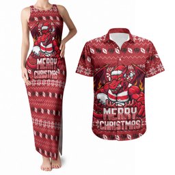 Personalized St George Illawarra Dragons Christmas Couples Matching Tank Maxi Dress and Hawaiian Shirt Australian Rugby Fans - Pixelated Ugly Xmas Pattern Mascot Santa