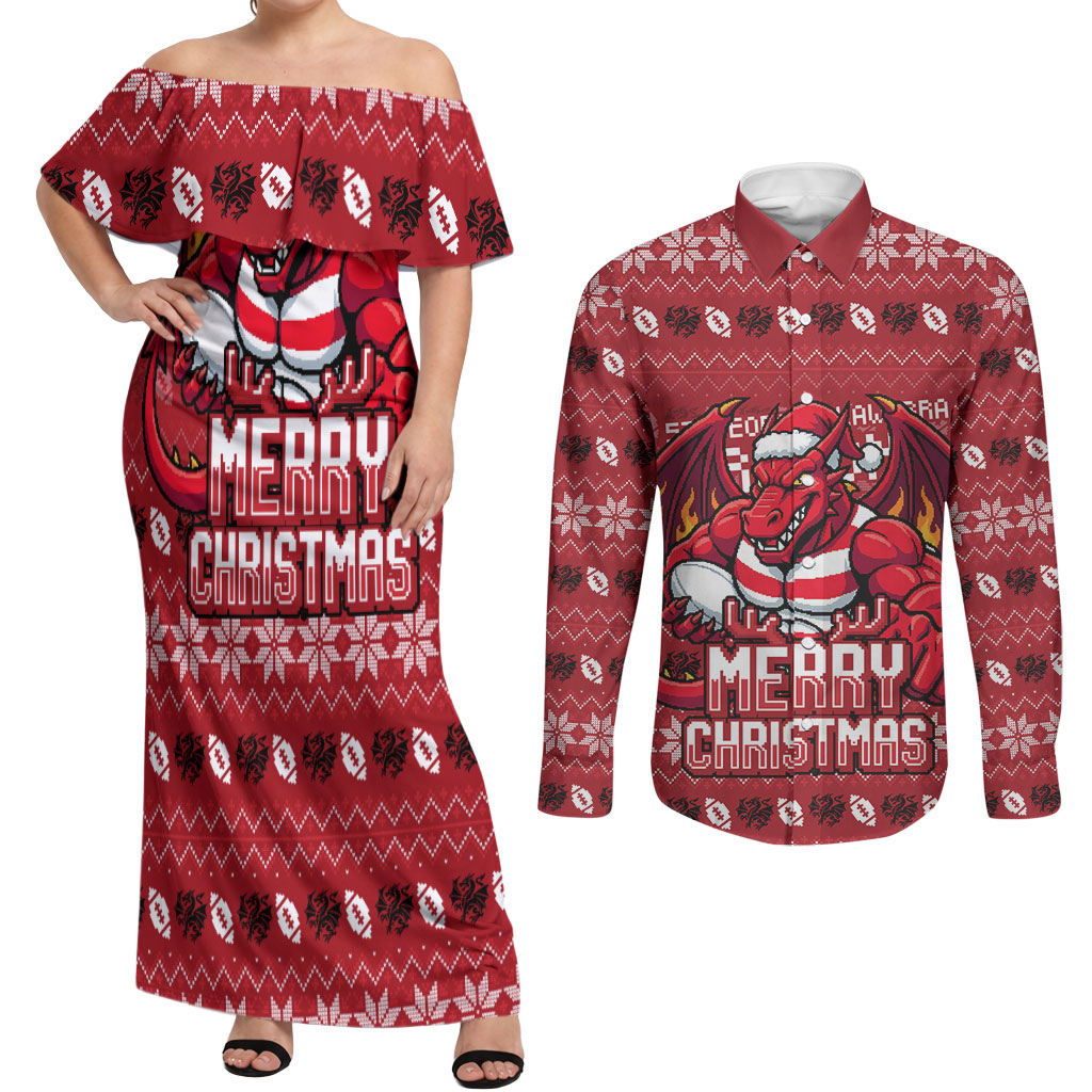 Personalized St George Illawarra Dragons Christmas Couples Matching Off Shoulder Maxi Dress and Long Sleeve Button Shirt Australian Rugby Fans - Pixelated Ugly Xmas Pattern Mascot Santa